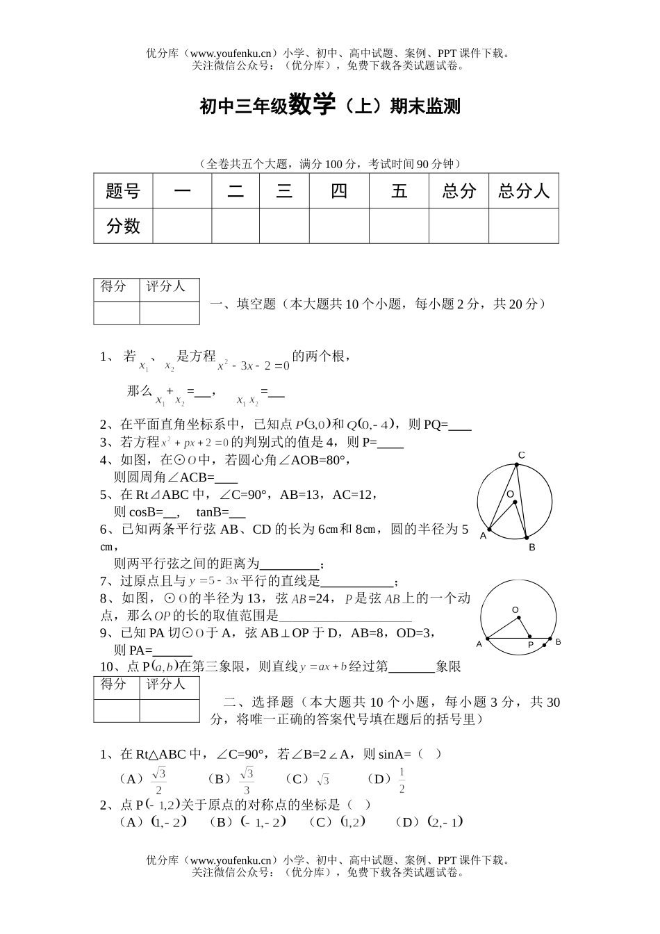 初中九年级数学(上)期末监测试卷_第1页