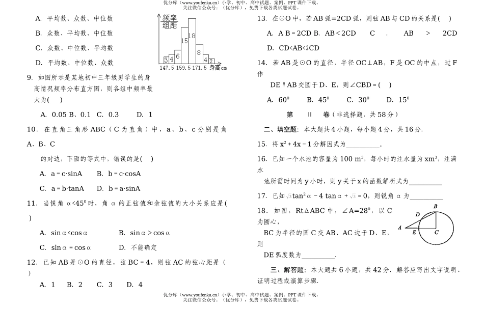 初中九年级数学第五学期末教学质量测试1试卷_第2页