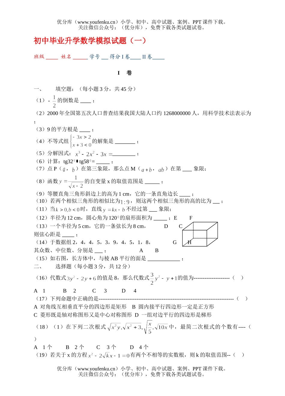 初中九年级数学毕业升学模拟(一)试卷_第1页