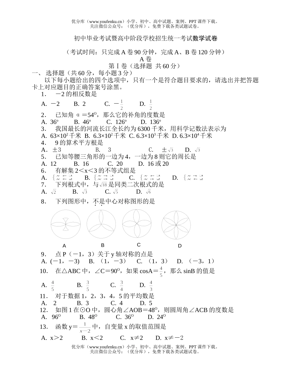 初中九年级数学毕业考试暨阶段学校招生统一考试卷_第1页