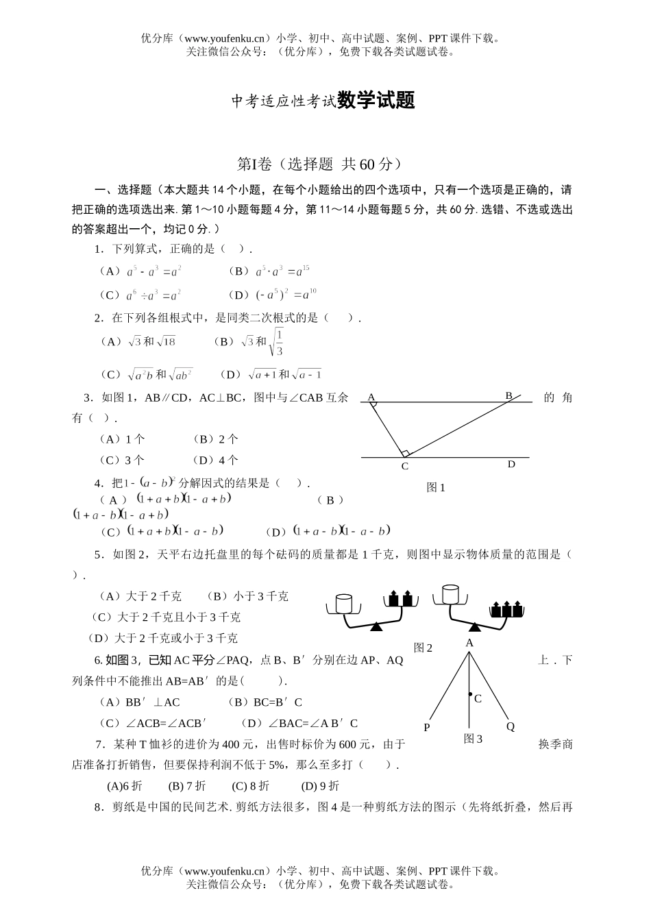 初中九年级数学中考适应性考试卷_第1页