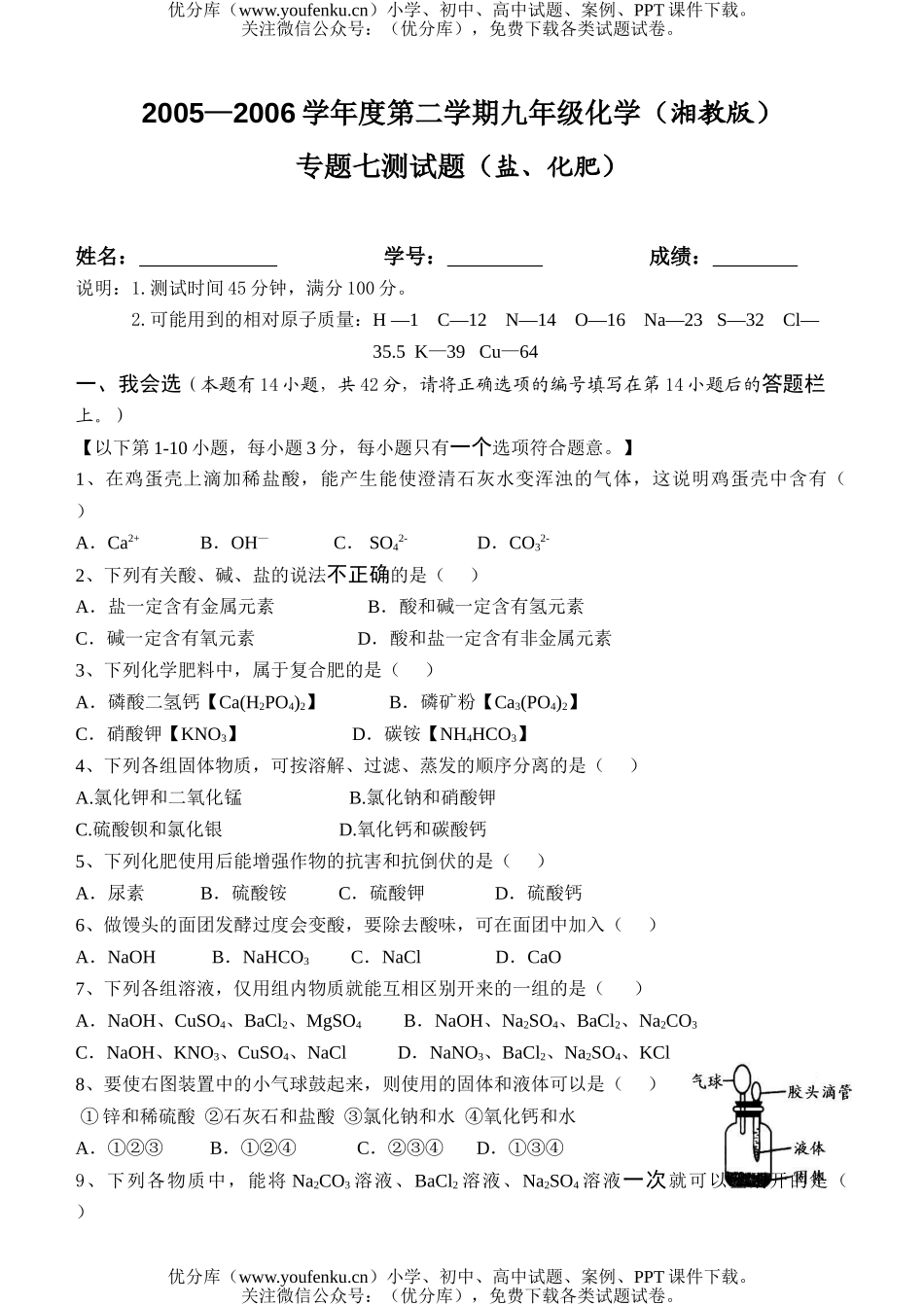 初中化学第二学期专题七测盐、化肥试卷_第1页