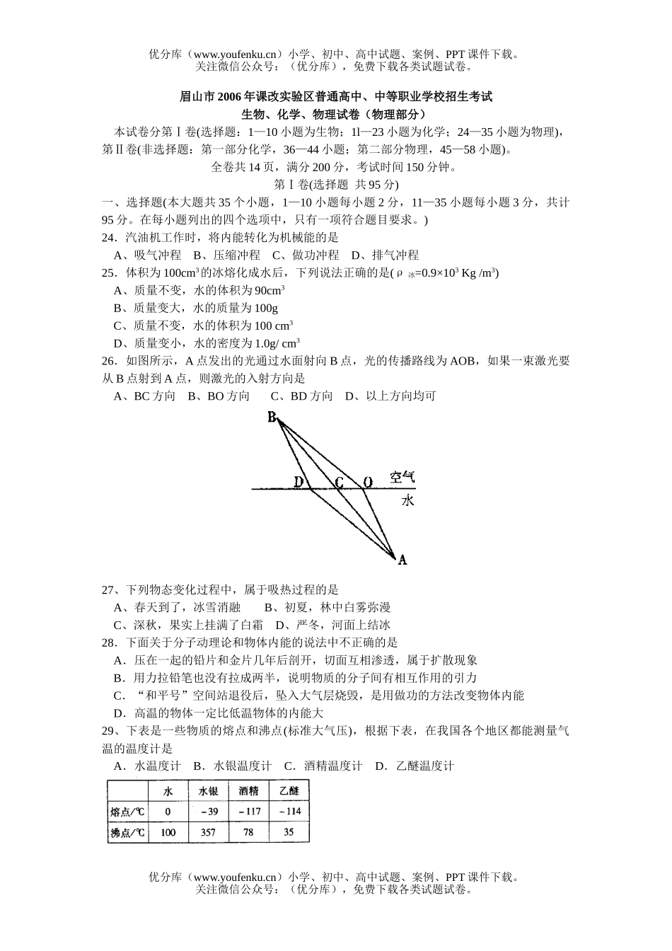 初中九年级物理课改实验区普通、中等职业学校招生考试卷_第1页