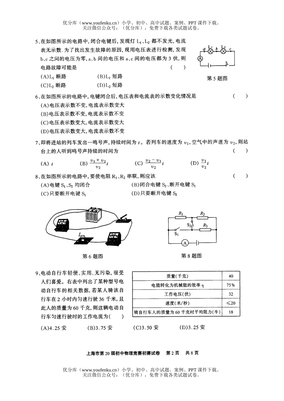 初中九年级物理上海市第二十届初赛试卷_第2页