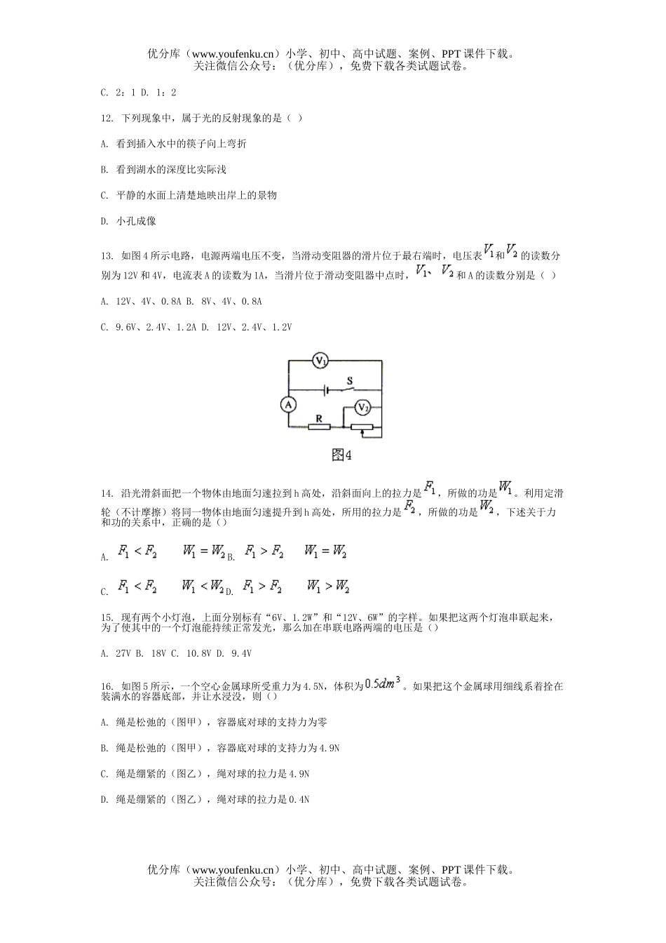 初中九年级物理第二学期统一练习(一)试卷_第2页