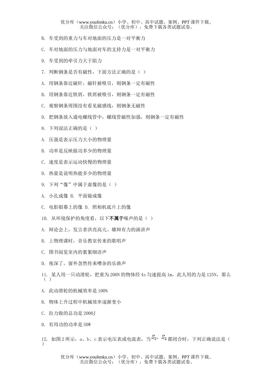 初中九年级物理第二学期统一练习(二)试卷_第1页