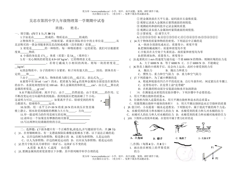 初中九年级物理第一学期期中试卷_第1页