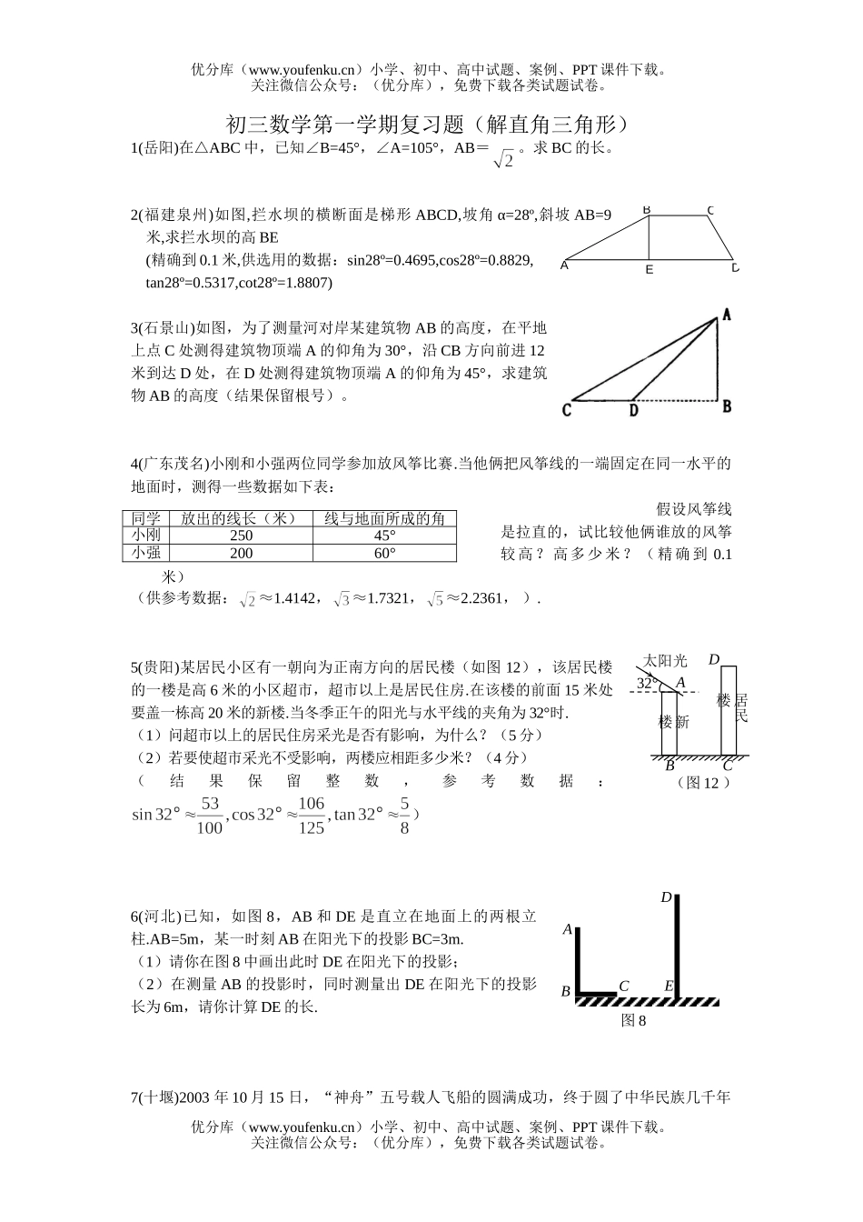初中九年级数学第一学期复习题(解直角三角形)试卷_第1页