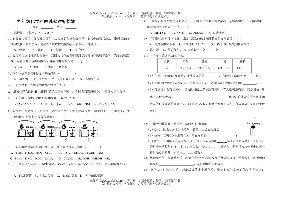 初中化学科酸碱盐达标检测试卷_第1页