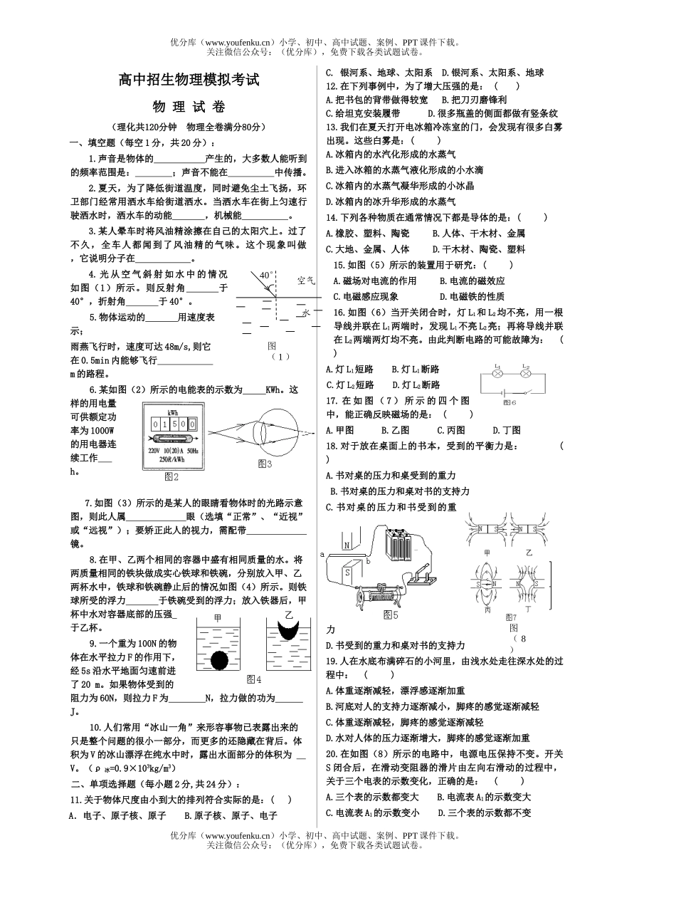 初中九年级物理招理模拟考试卷_第1页