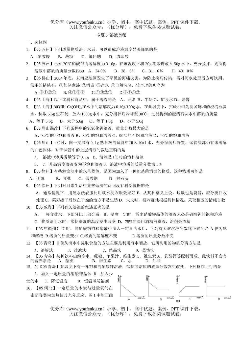 初中化学专题5  溶液奥秘试卷_第1页