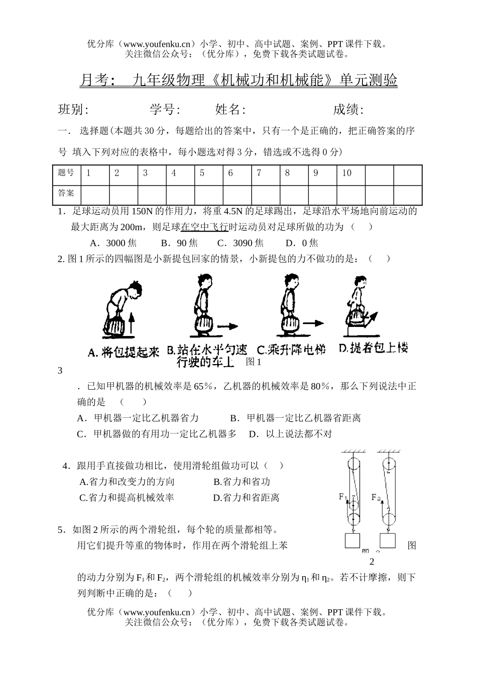 初中九年级物理《机械功和机械能》单元测验试卷_第1页