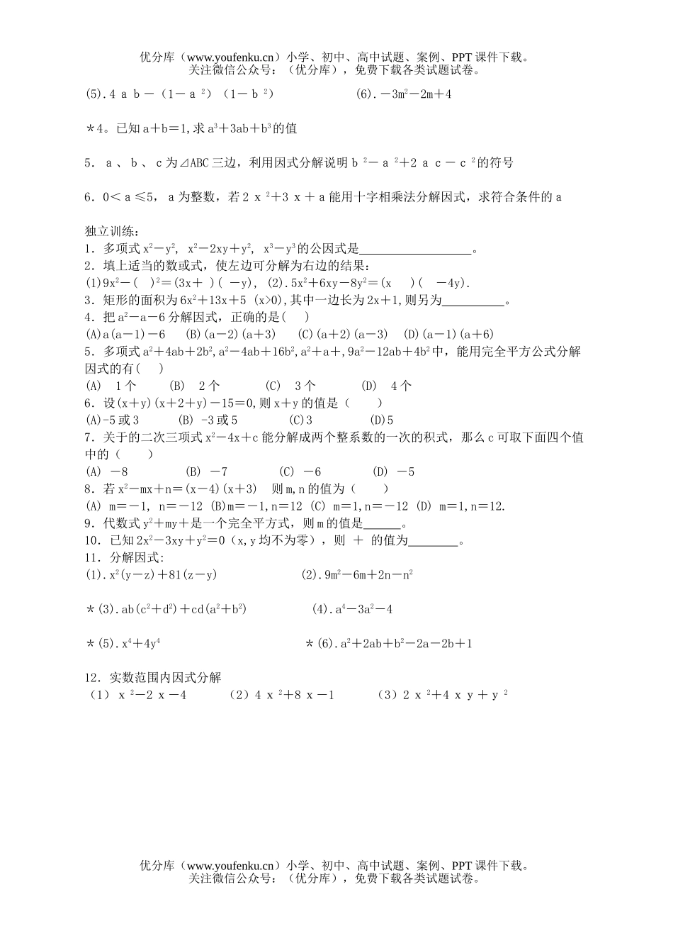 初中九年级数学第四课因式分解试卷_第2页