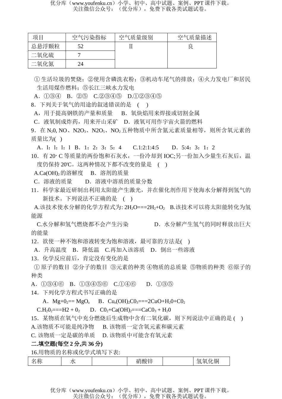 初中化学上学期期末测试卷_第2页