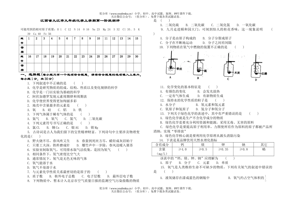 初中化学上学期第一阶段测评试卷_第1页