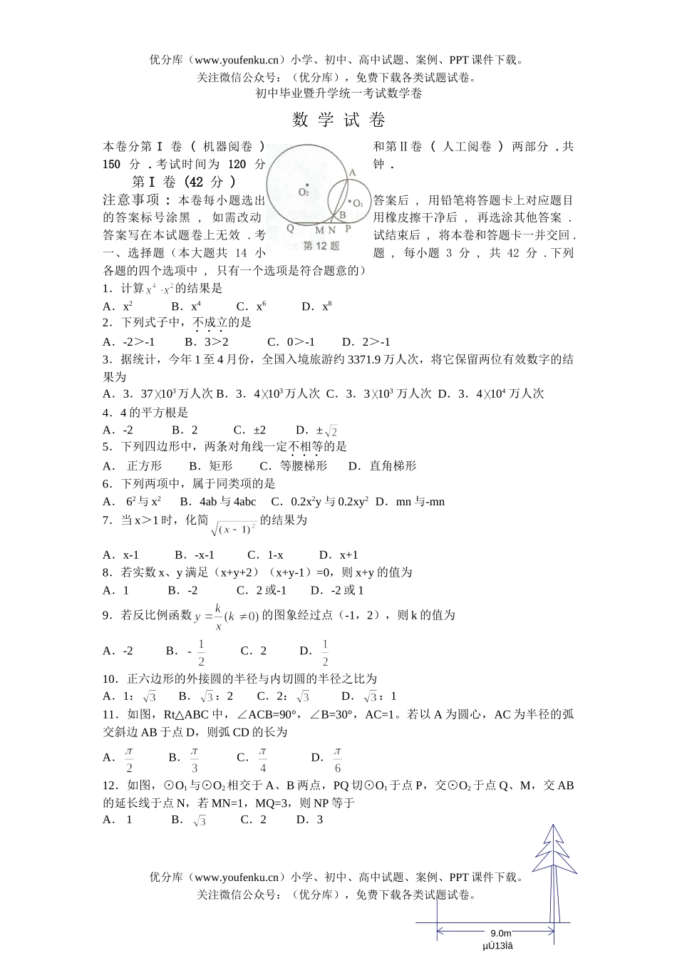 初中九年级数学毕业暨升学统一考试卷_第1页