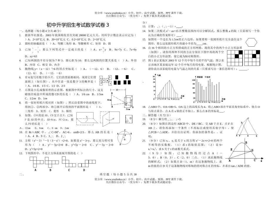 初中九年级数学升学招生考试3试卷_第1页