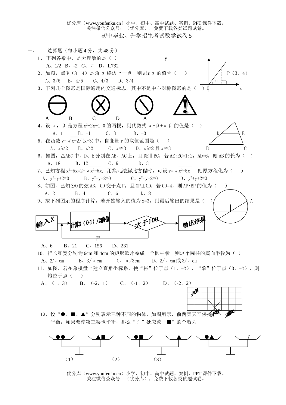 初中九年级数学毕业、升学招生考试5试卷_第1页