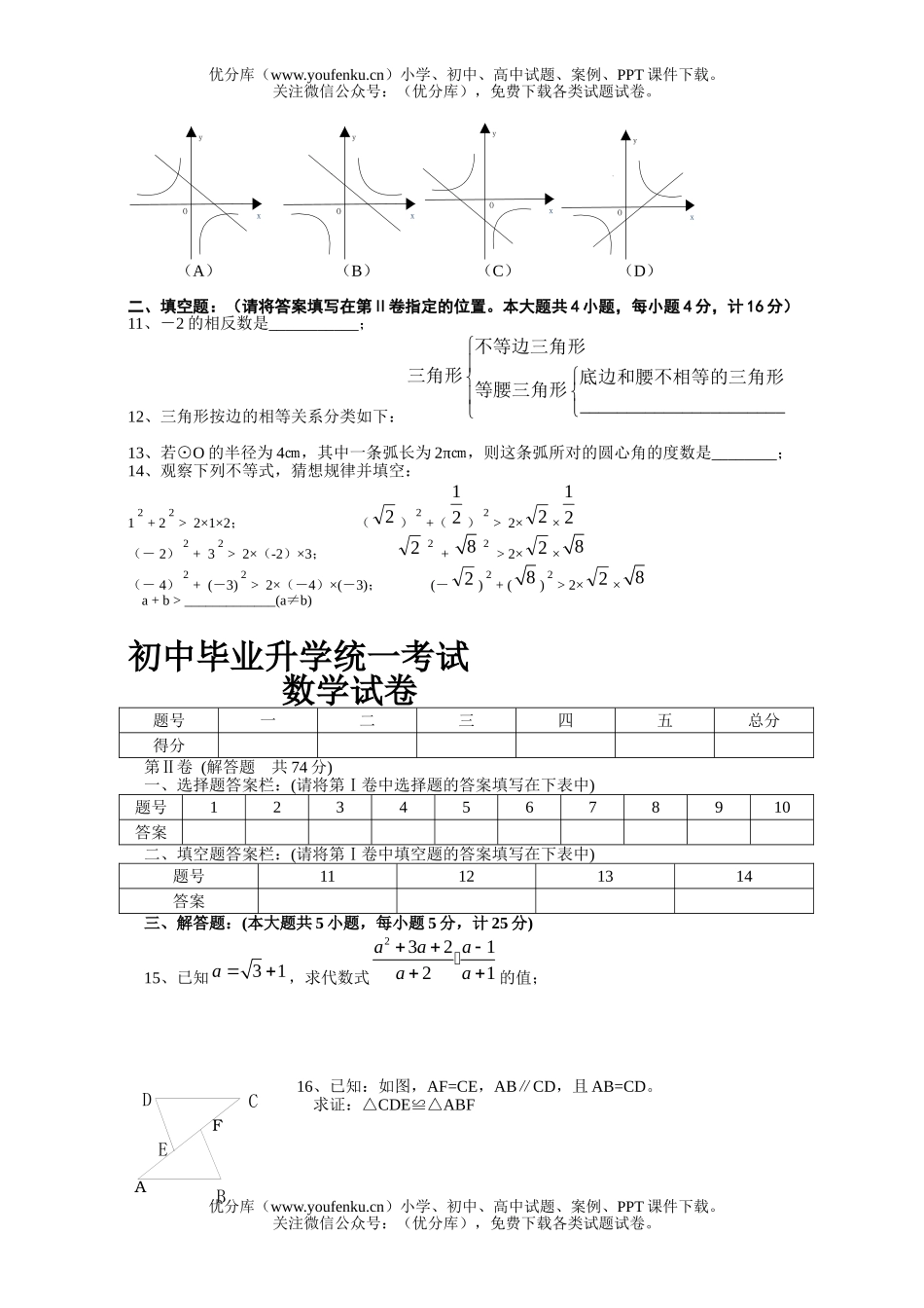 初中九年级数学毕业、升学统一考试卷_第1页
