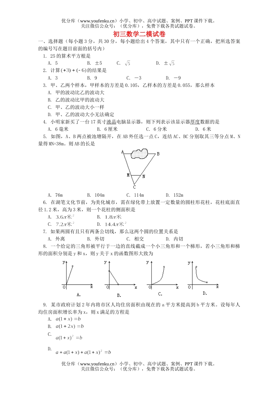 初中九年级数学二模试卷_第1页