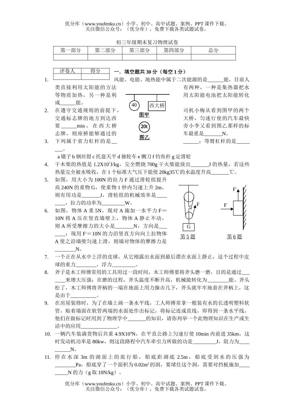 初中九年级物理初期末复习试卷_第1页