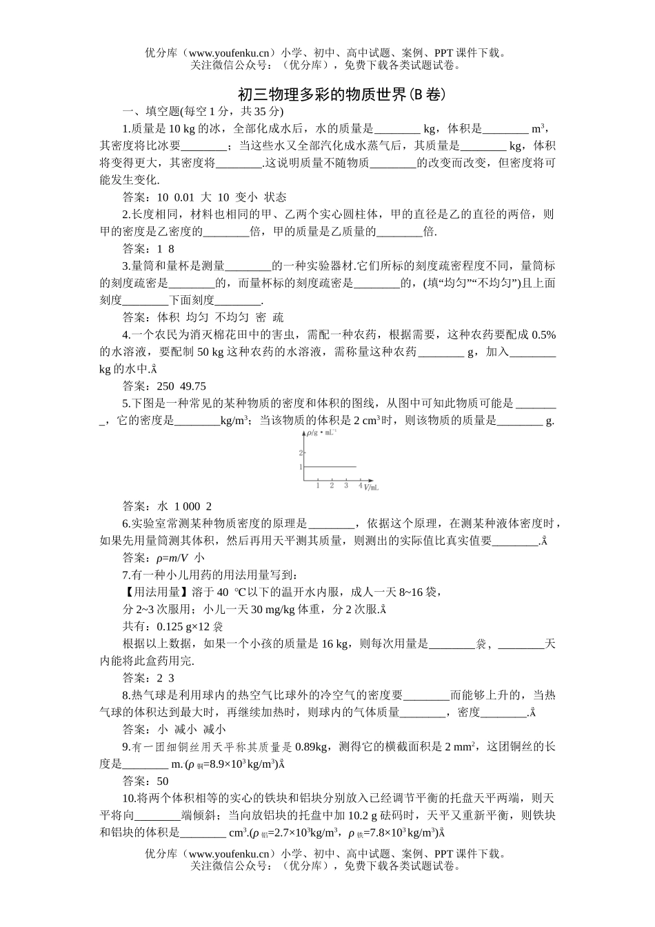 初中九年级物理多彩的物质世界(B卷)试卷_第1页