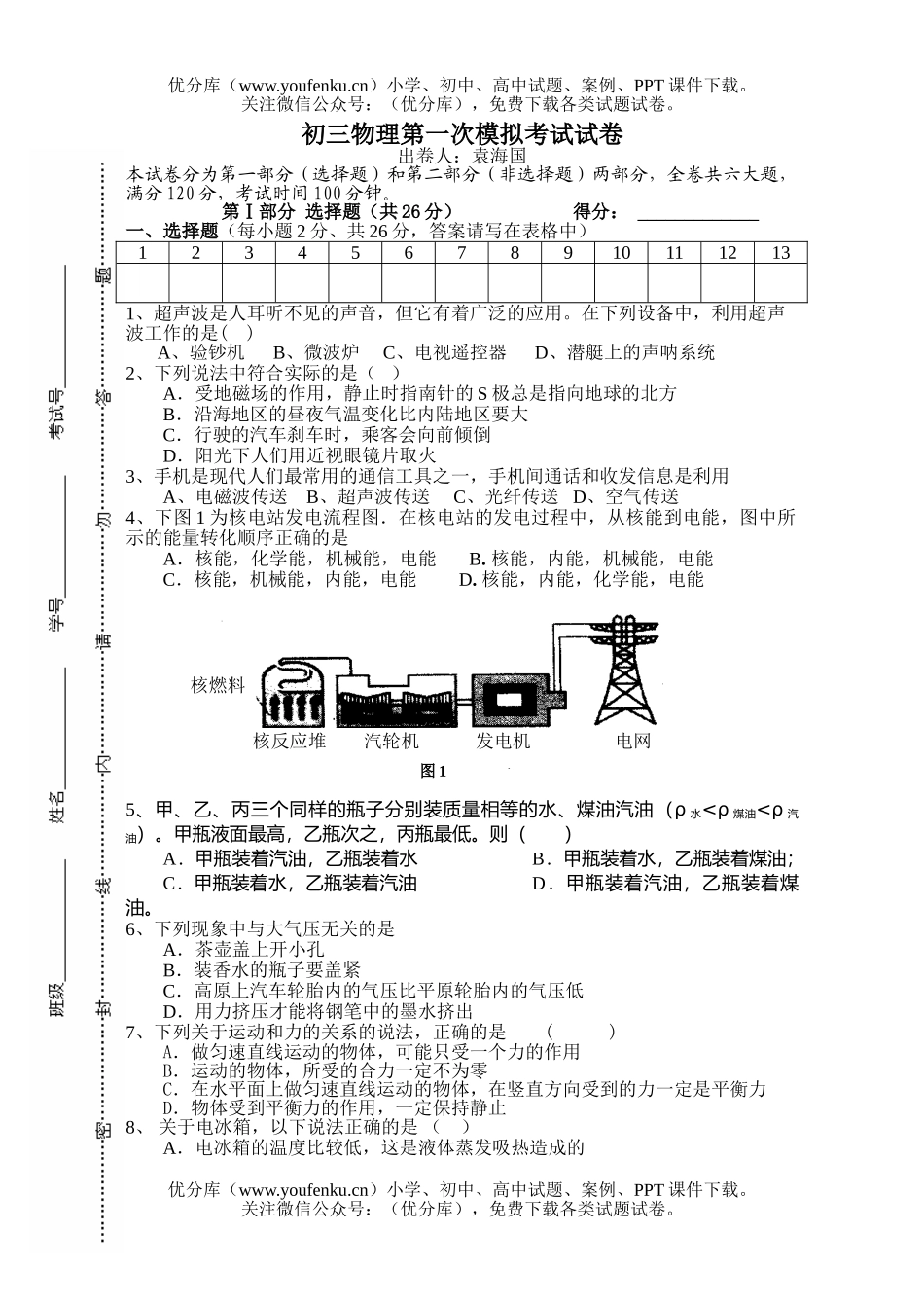 初中九年级物理第一次模拟考试卷_第1页