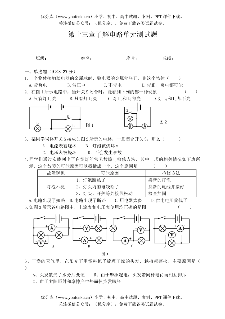 初中九年级物理了解电路单元测试卷_第1页