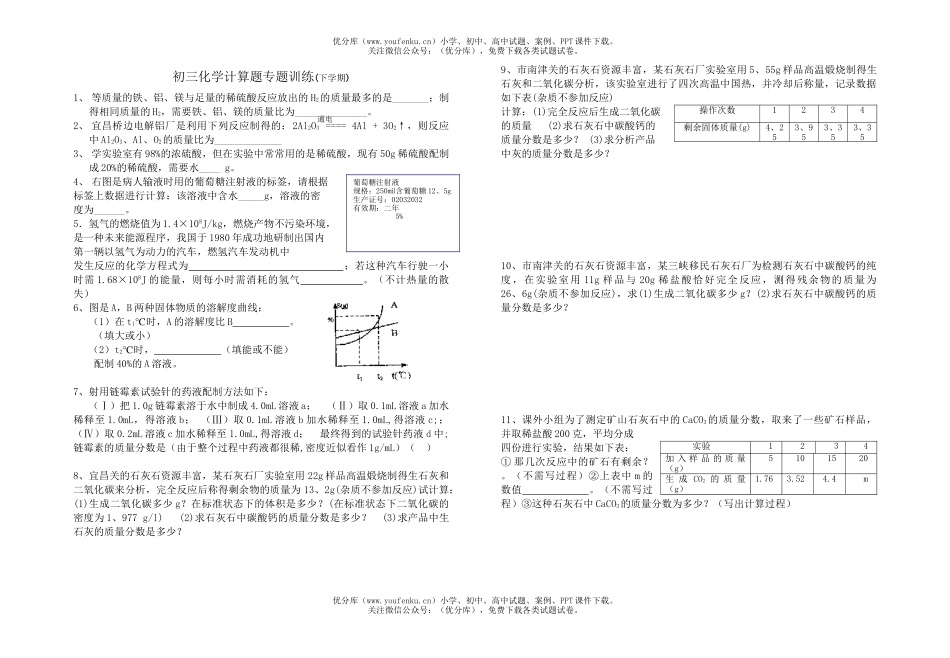初中化学计算题专题训练(下学期)试卷_第1页