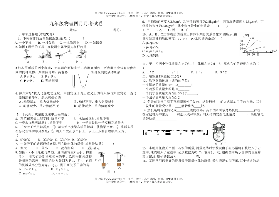 初中九年级物理四月月考试卷_第1页