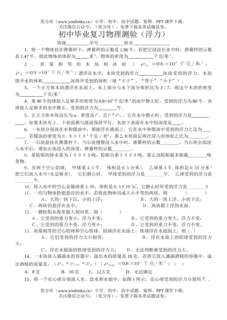 初中九年级物理毕业复习测验(浮力)试卷_第1页