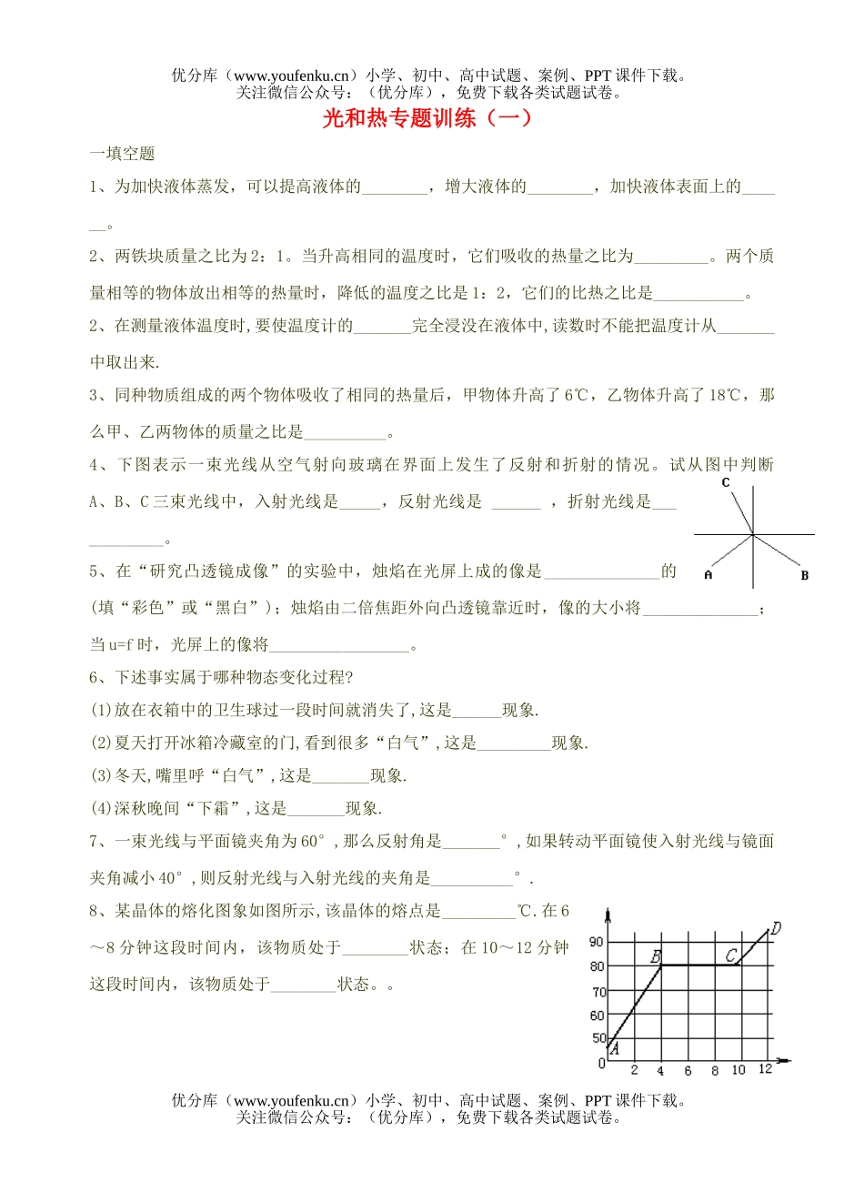 初中九年级物理光和热专题训练(一)试卷_第1页