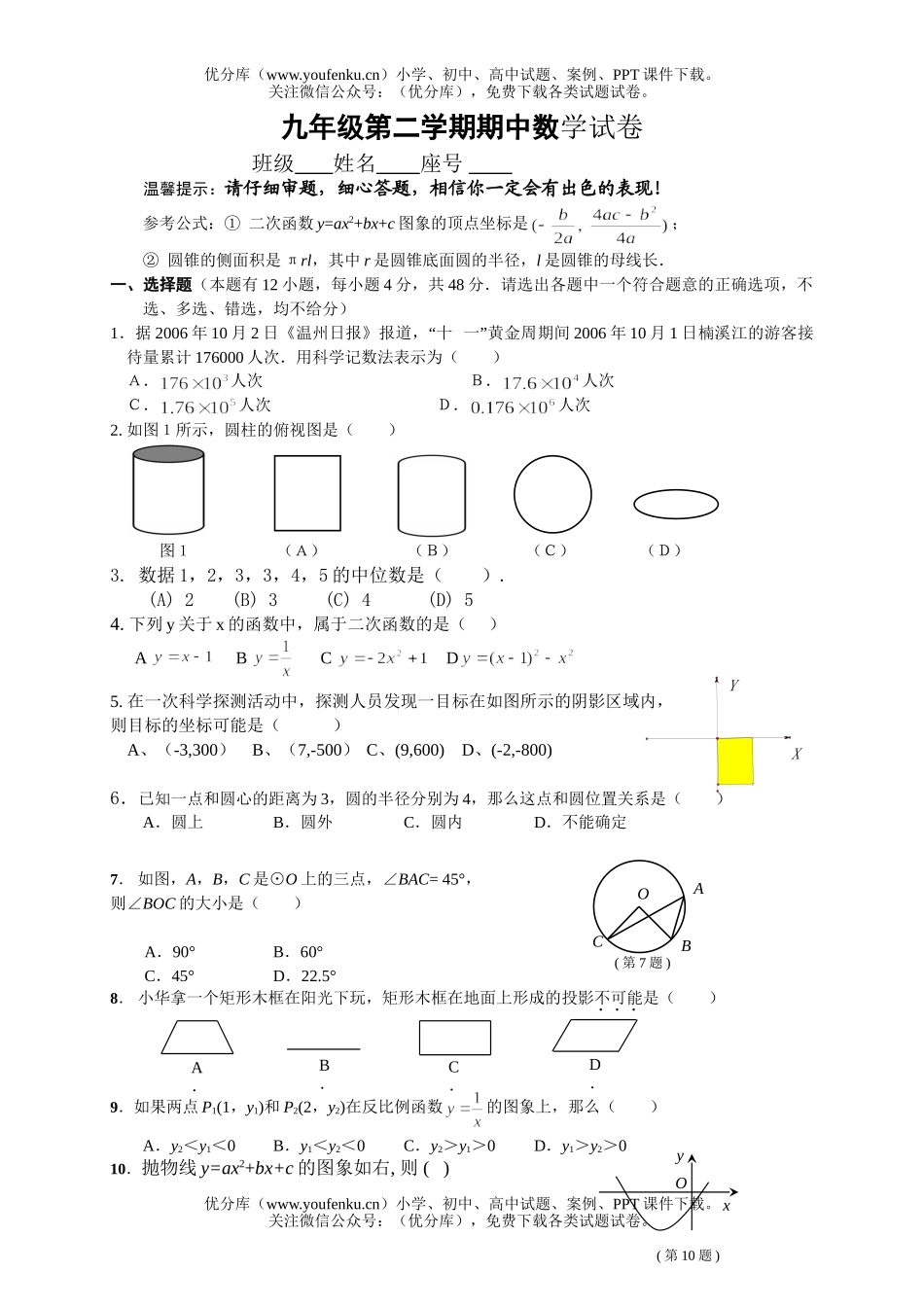 初中九年级数学第二学期期中试卷_第1页