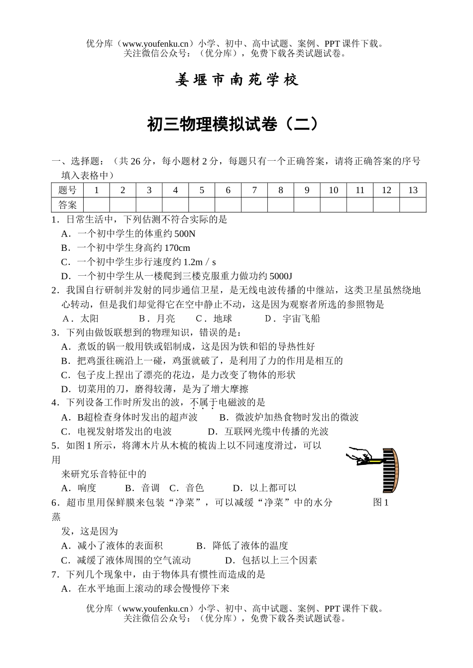 初中九年级物理模拟(二)A试卷_第1页