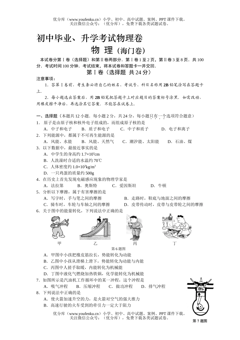 初中九年级物理毕业、升学考试卷_第1页