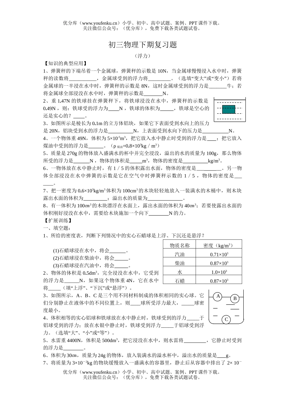 初中九年级物理下期复习题试卷_第1页