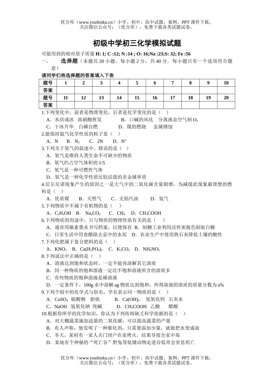 初中化学初级中学模拟试卷_第1页
