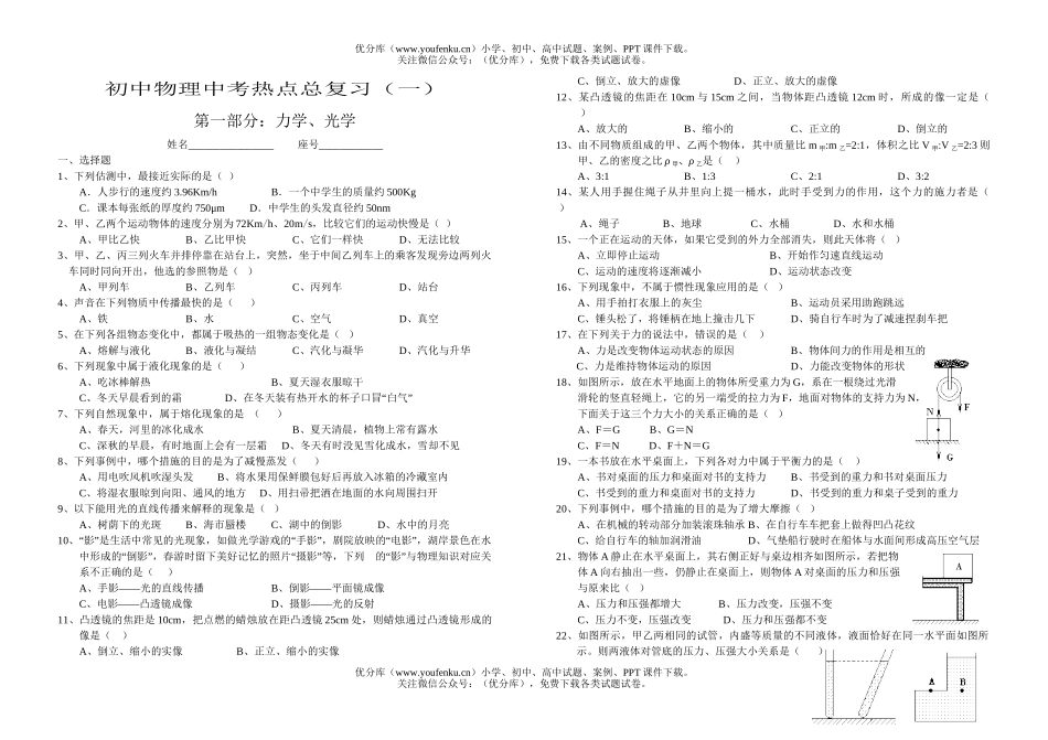 初中九年级物理中考热点总复习(一)试卷_第1页