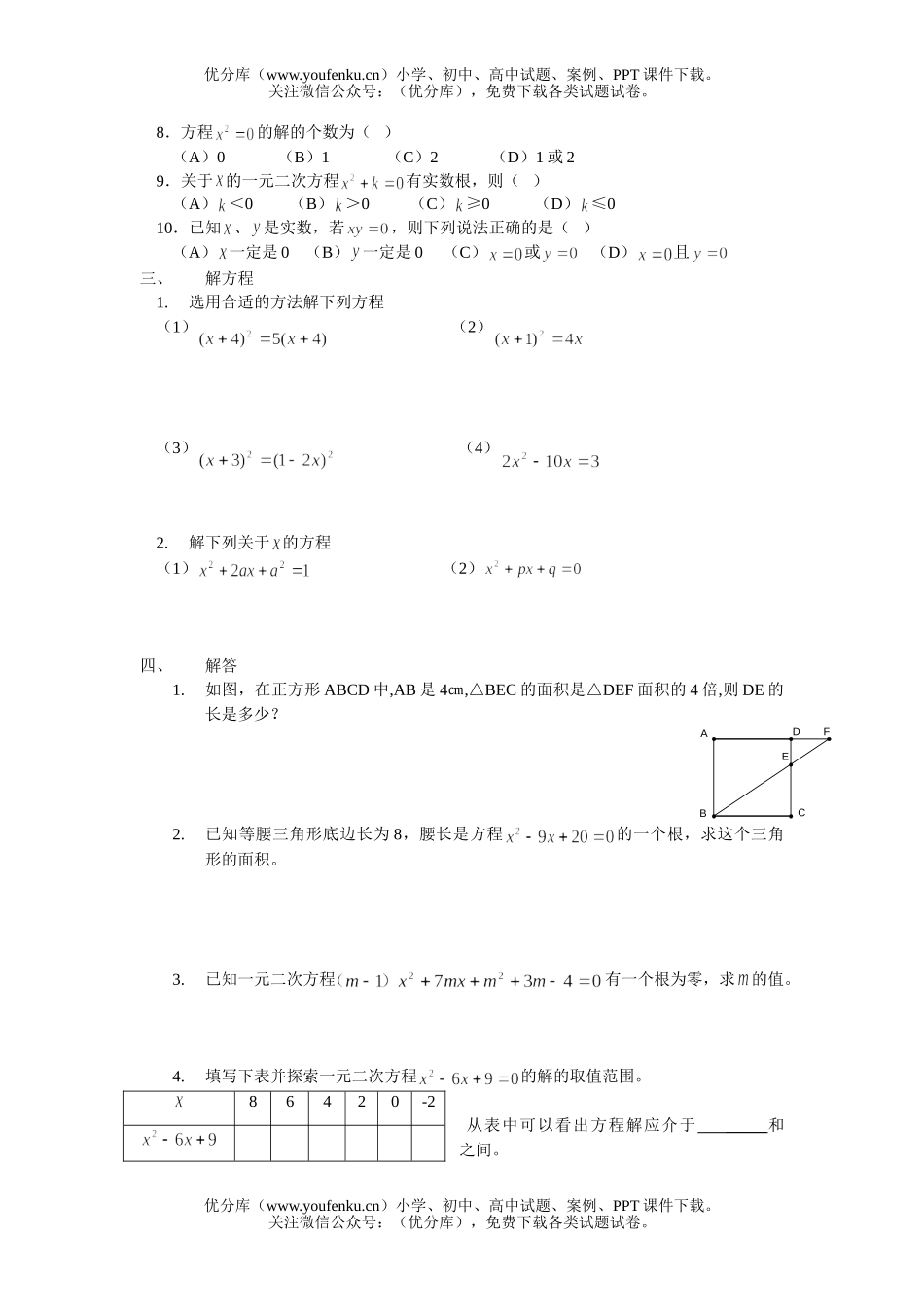 初中九年级数学一元二次议程精典练习试卷_第2页