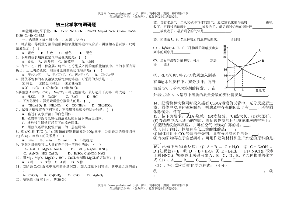 初中化学学情调研题试卷_第1页