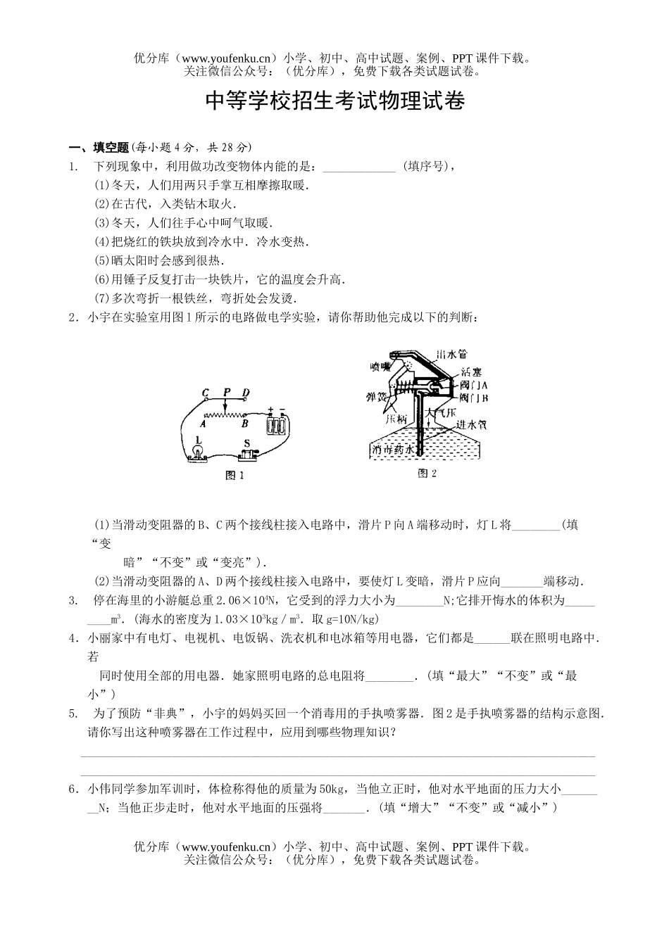 初中九年级物理中等学校招生考试卷_第1页