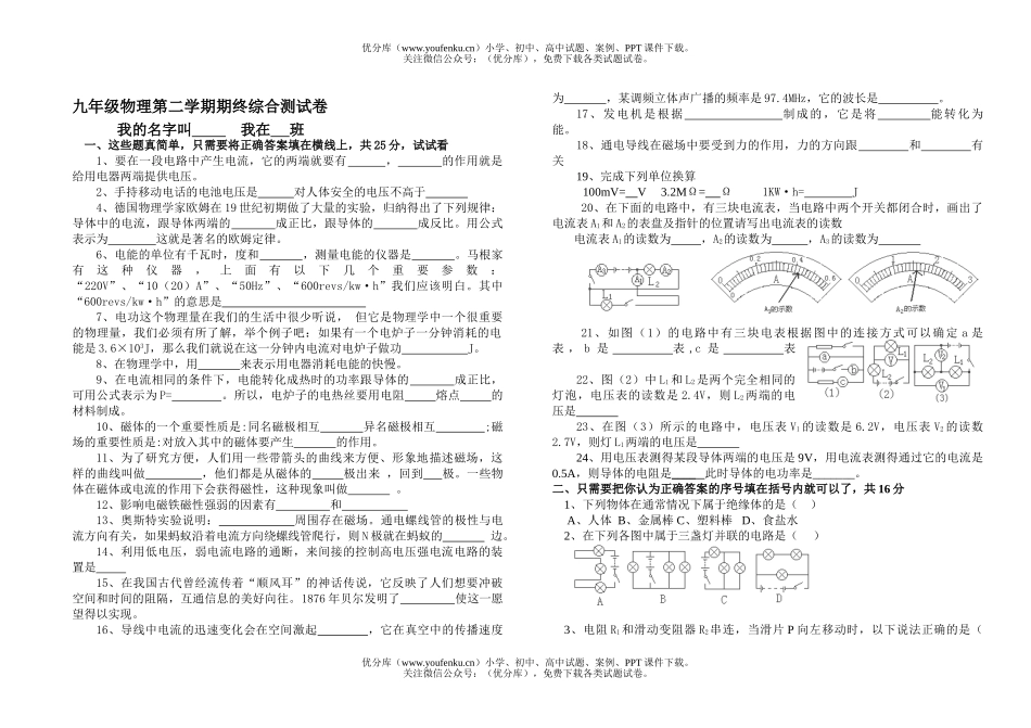 初中九年级物理第二学期期终综合测试卷_第1页
