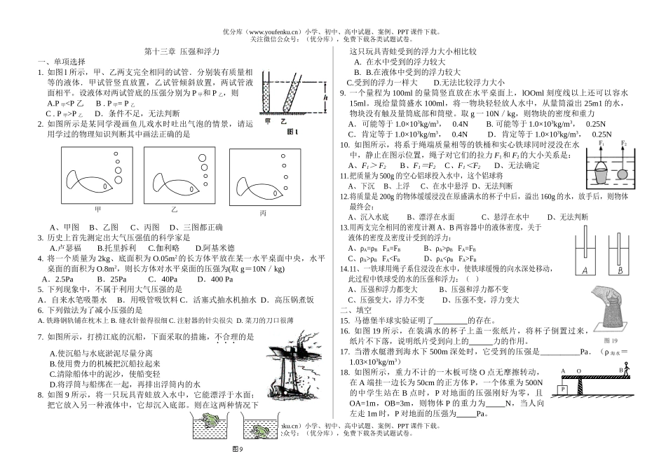 初中九年级物理压强和浮力试卷_第1页