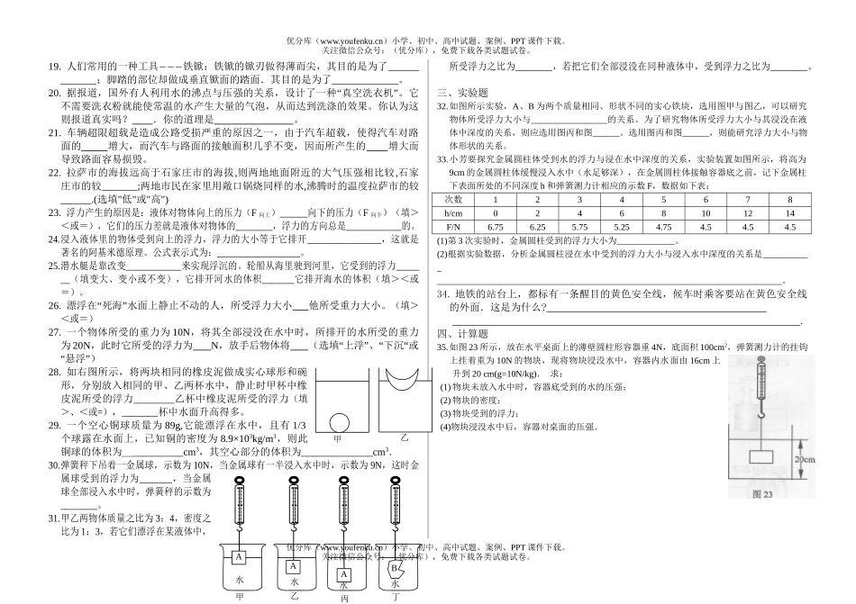 初中九年级物理压强和浮力试卷_第2页