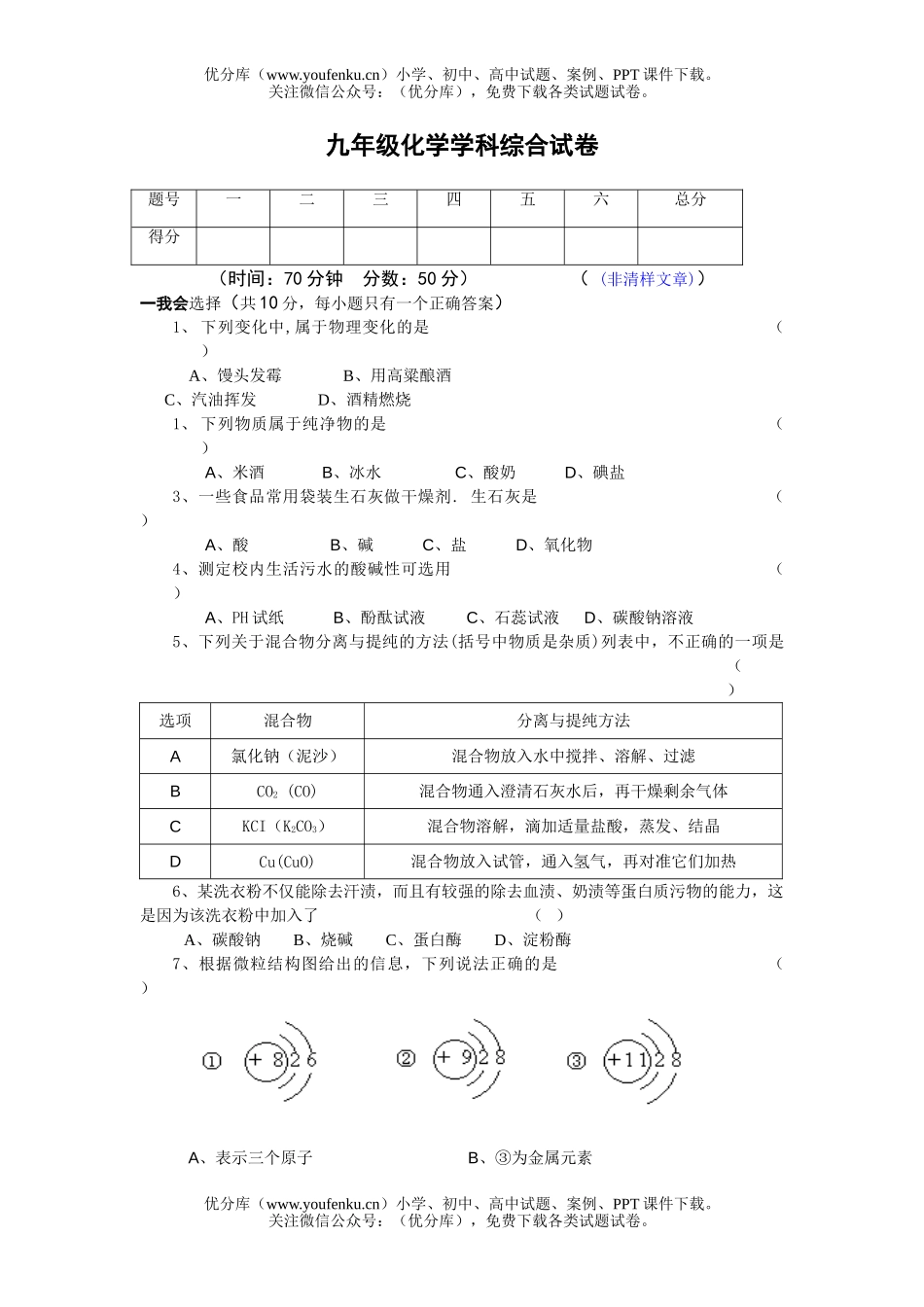 初中化学学科综合试卷_第1页