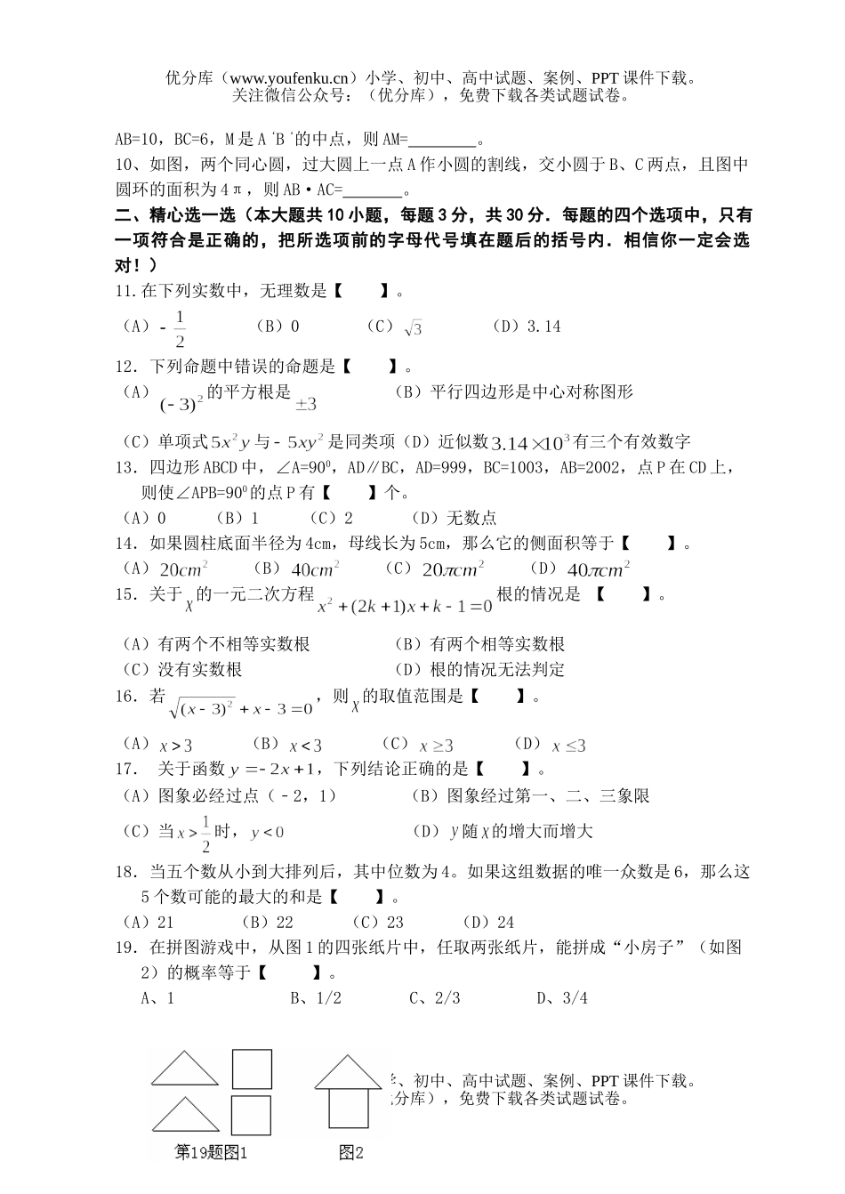 初中九年级数学第二学期模拟考试卷_第2页