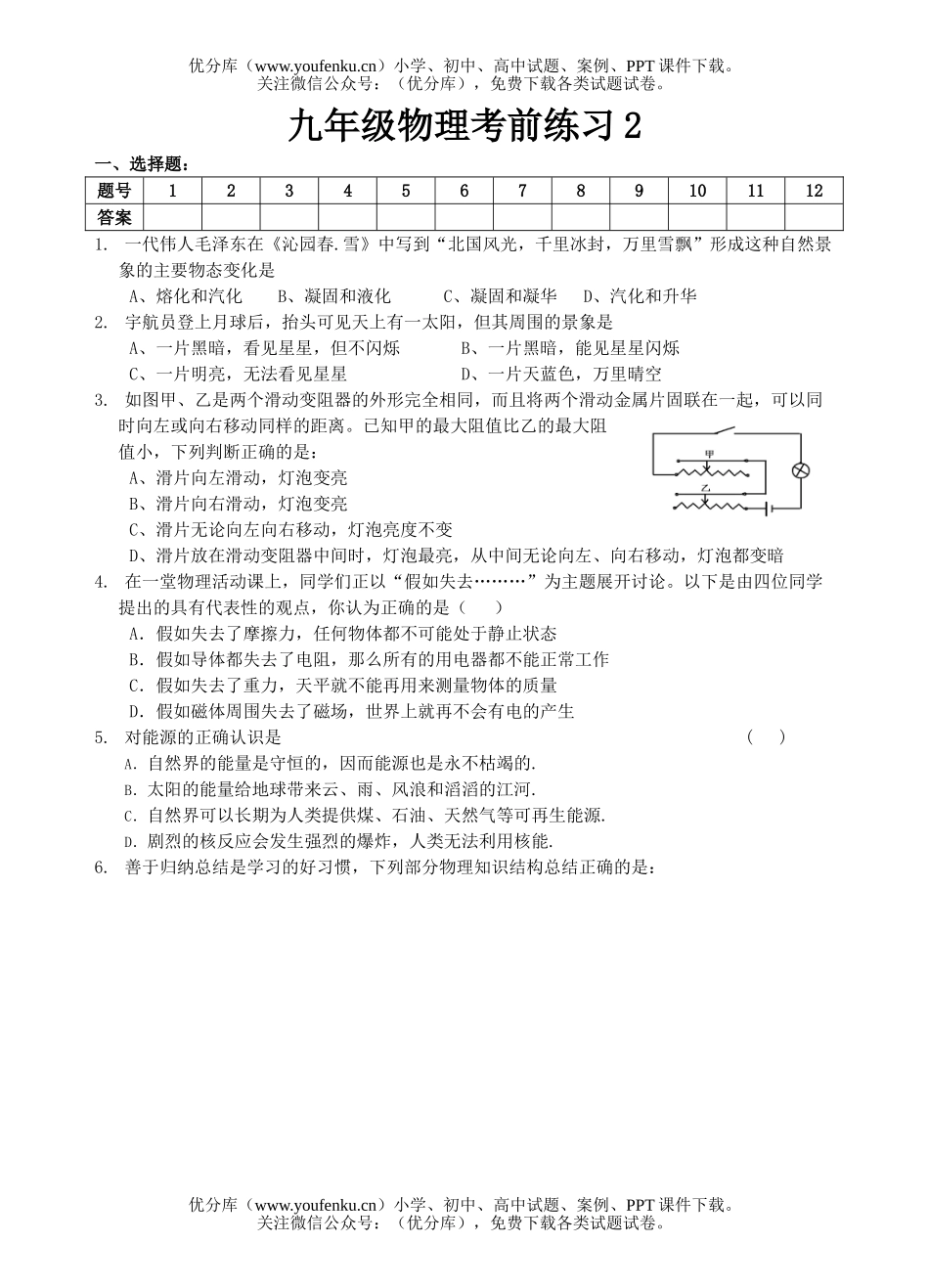 初中九年级物理考前练习2试卷_第1页
