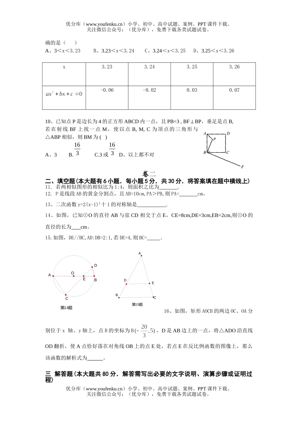 初中九年级数学第三次月考 (B)试卷_第2页