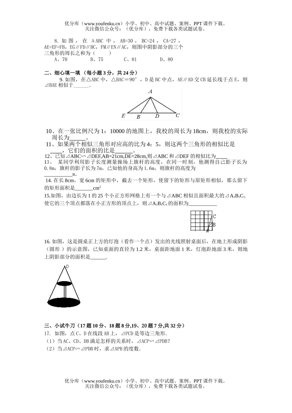 初中九年级数学《 相似三角形》单元测(A卷)试卷_第2页