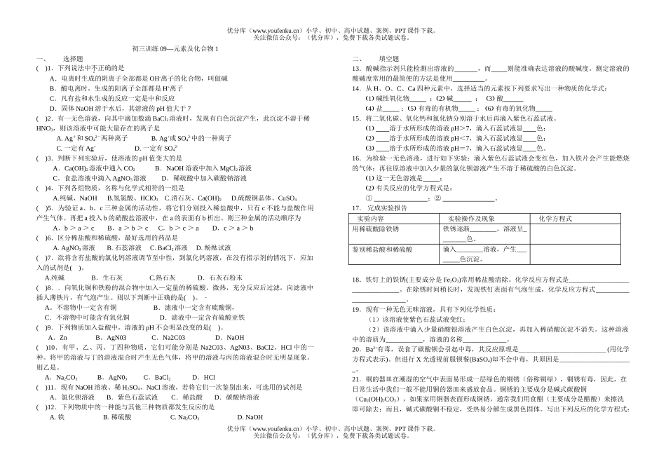 初中化学训练09—元素及化合物1试卷_第1页